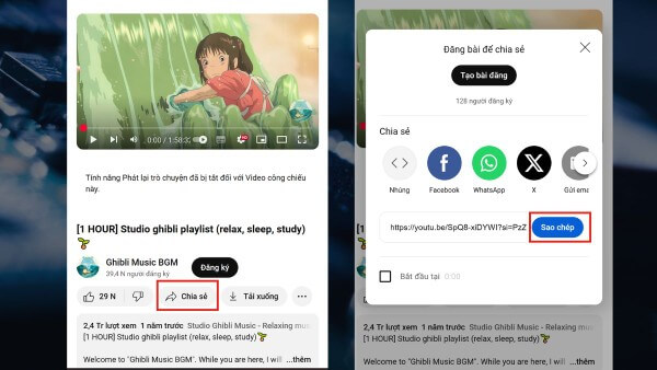 Sao chép URL video YouTube