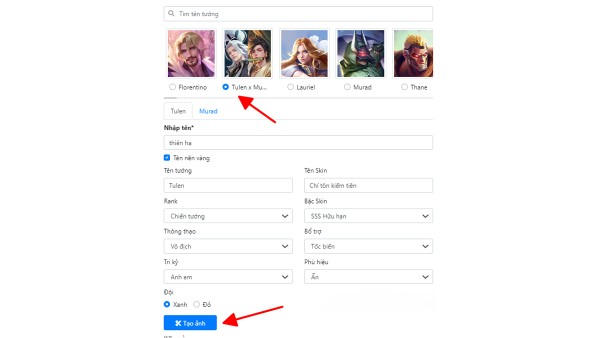 Chọn tướng và điền đầy đủ thông tin cần thiết