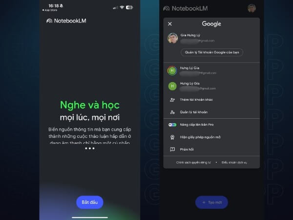 Mở ứng dụng → chọn Bắt đầu → đăng nhập bằng tài khoản Google
