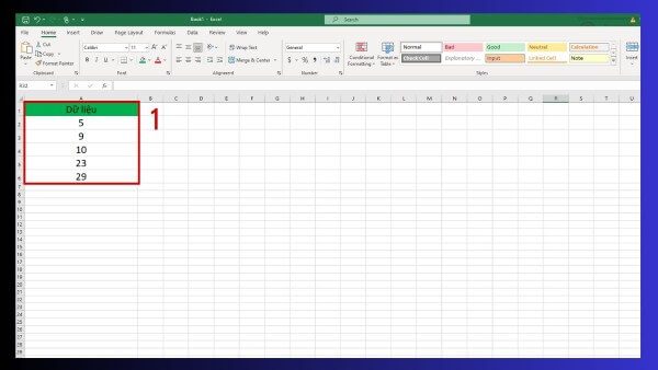 Nhập các giá trị số cần tính trung vị vào bảng 