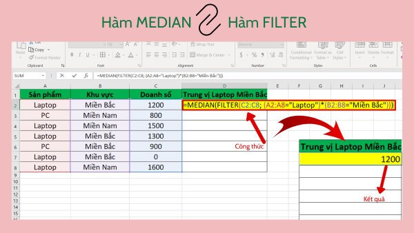 Nhập công thức: =MEDIAN(FILTER(phạm_vi_dữ_liệu, điều_kiện))