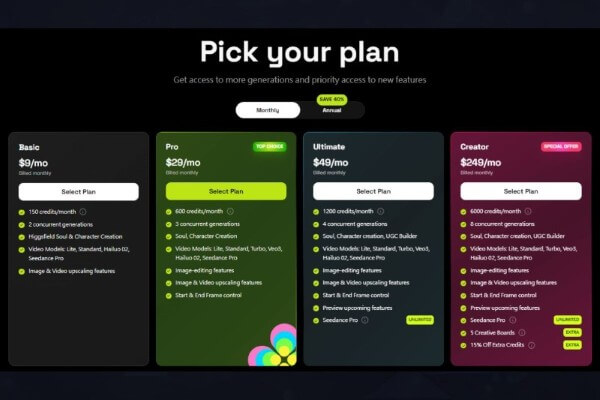 Tổng hợp bảng chi phí các gói dịch vụ của Higgsfield AI