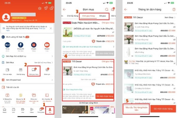 Chọn Yêu cầu Trả hàng/Hoàn tiền