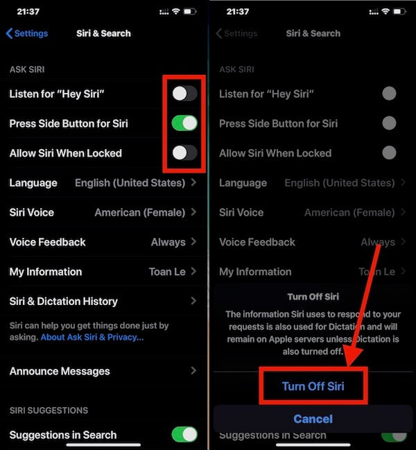 Tắt mục Cho phép Siri khi khóa