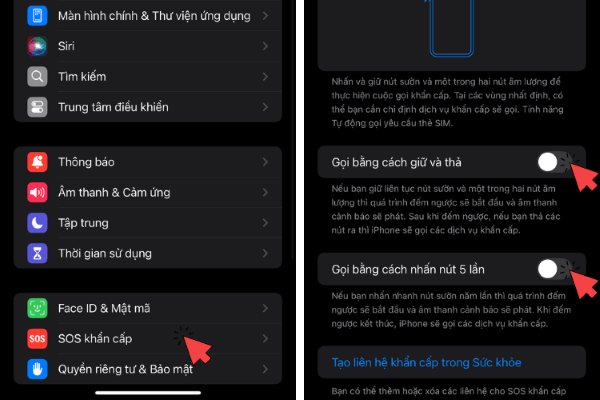 Tắt Gọi bằng cách giữ và thả và Gọi bằng 5 lần nhấn
