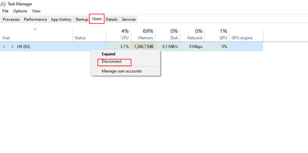 Chọn tab Users → nhấn Disconnect