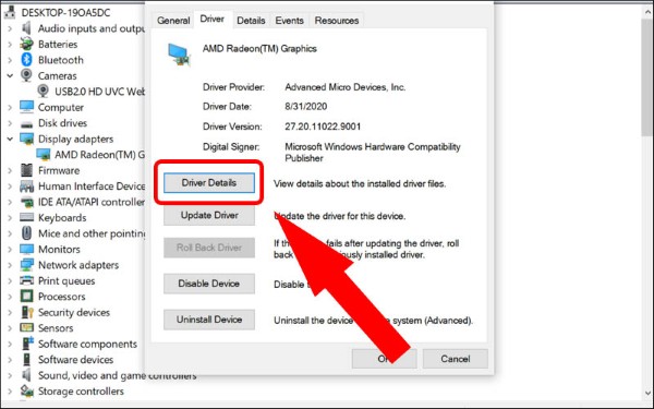 Mở tab Driver → chọn Driver details