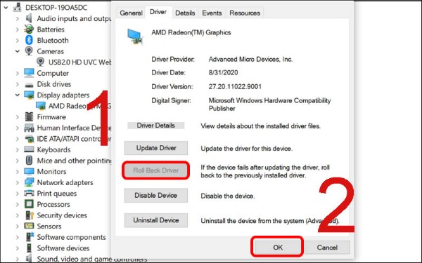 Nhấn Roll Back Driver → OK