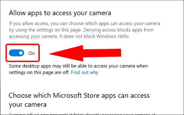 Bật mục Allow apps to access your camera
