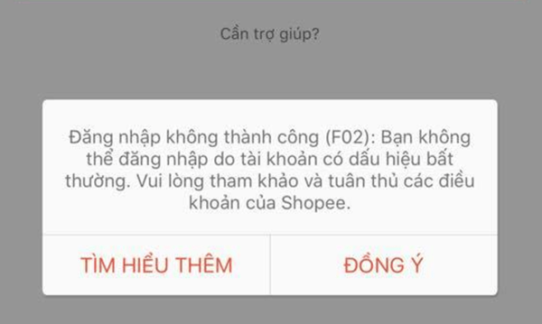 Thông báo cho biết tài khoản Shopee bị khóa F02