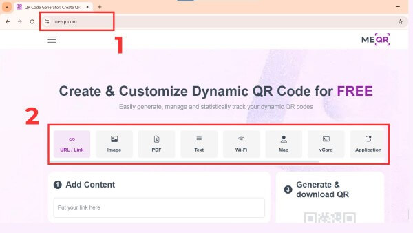 Truy cập website tạo QR và chọn loại nội dung