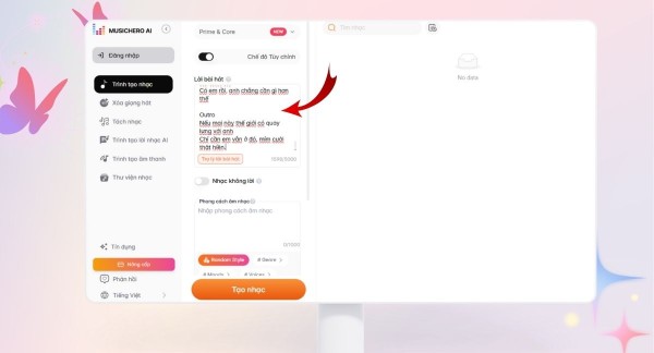 Nhập lời bài hát cụ thể muốn tạo