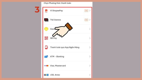 Đăng nhập Garena và chọn phương thức thanh toán