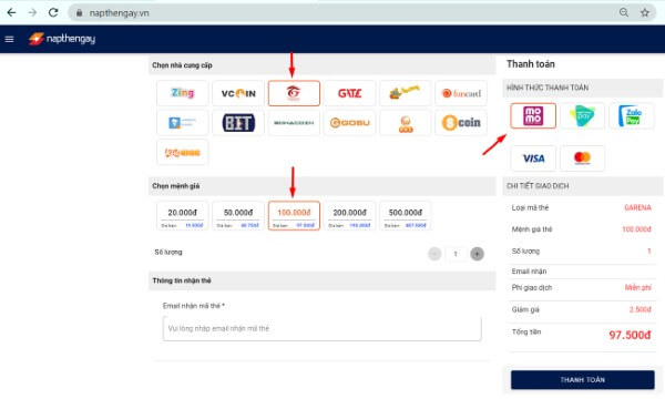 Chọn Garena → chọn mệnh giá thẻ