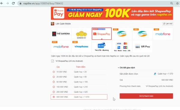 Chọn mệnh giá thẻ muốn nạp