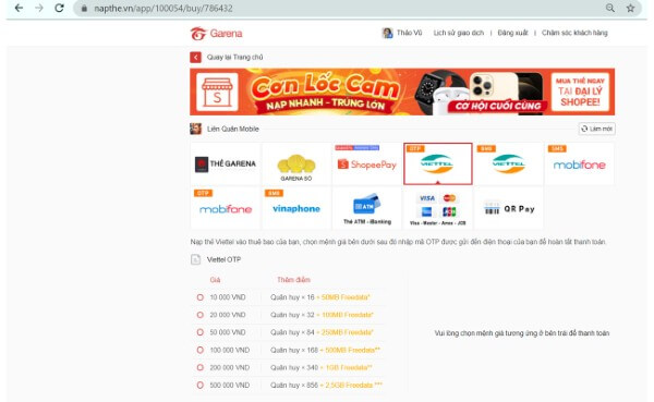 Chọn mệnh giá thẻ nạp mong muốn