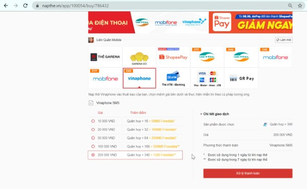 Hoàn tất giao dịch nạp thẻ để nhận kim cương