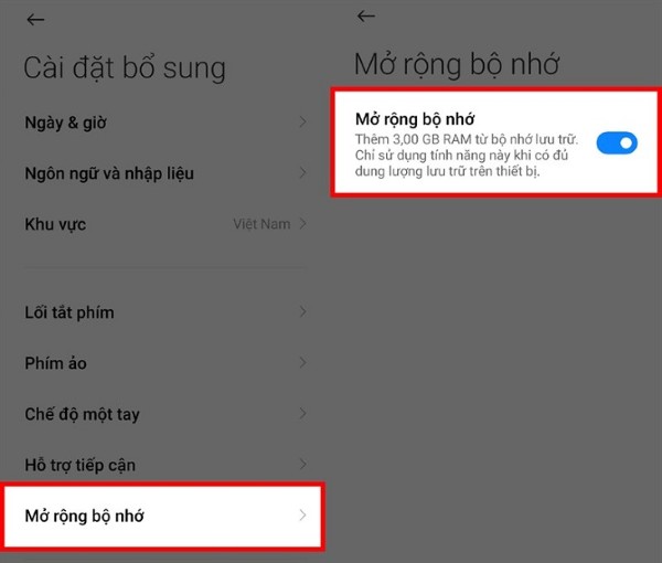Bật tính năng mở rộng bộ nhớ