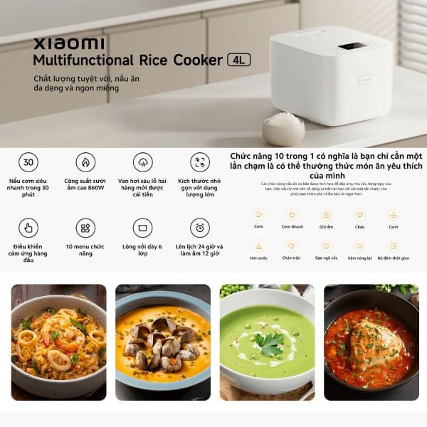 Nồi cơm điện đa năng Xiaomi Multifunctional 4L được tích hợp sẵn 10 chế độ nấu 