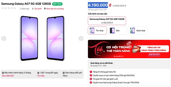 Samsung Galaxy A07 5G có giá 4.190.000đ tại Viettel Store