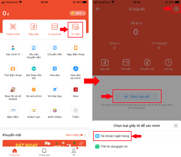 Chọn Thêm liên kết → chọn Tài khoản ngân hàng