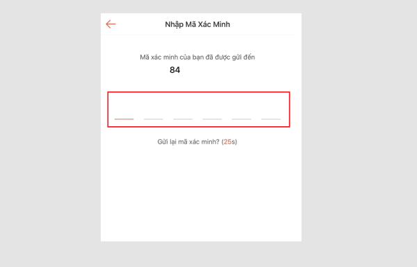 Nhập mã xác minh được gửi về số điện thoại