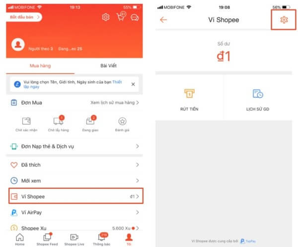 Mở Ví Shopee Chọn tài khoản ngân hàng nhận tiền