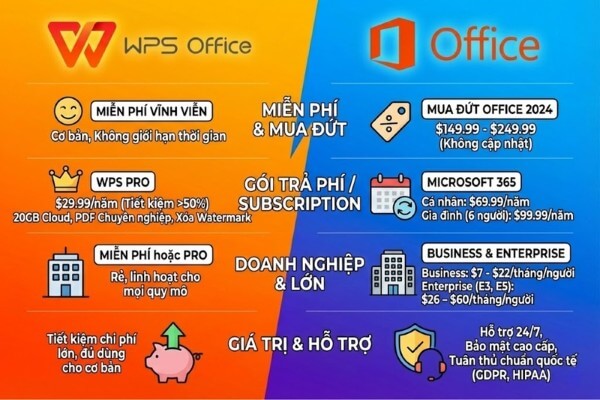 So sánh chi phí và mô hình sử dụng WPS Office và Microsoft Office