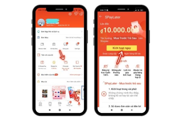 Chọn SPayLater → Kích hoạt ngay