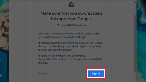 Nhấn “Sign in” để xác nhận