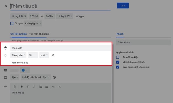 Thêm vị trí và thông báo nhắc lịch