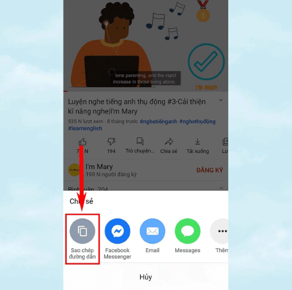 Chọn video → nhấn Chia sẻ → Sao chép đường dẫn