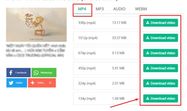 Chọn chất lượng video → nhấn Download video