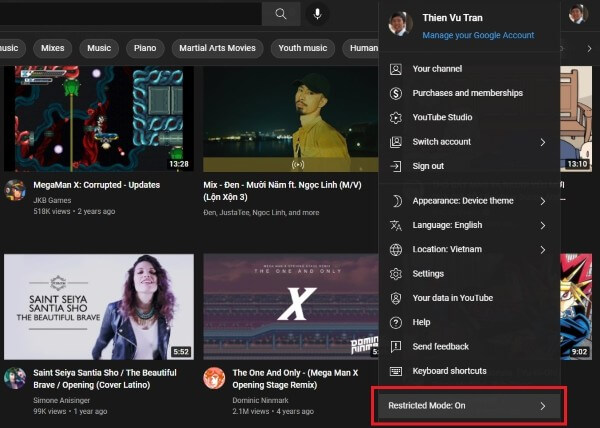 Tìm mục Chế độ hạn chế