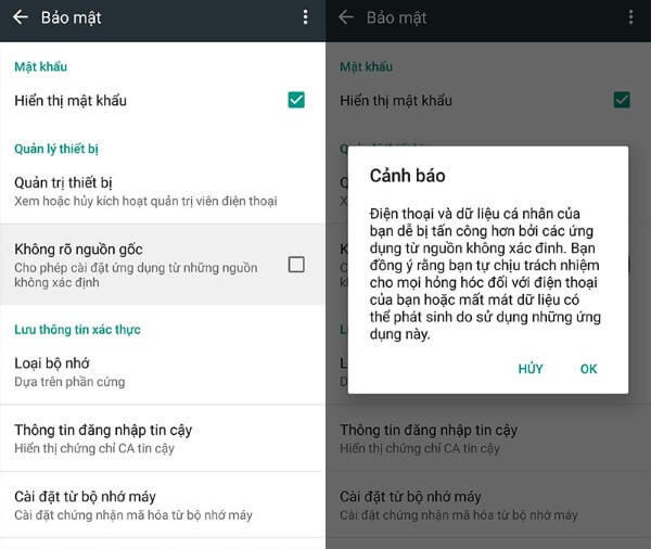 Bật Cho phép cài đặt ứng dụng từ nguồn không xác định
