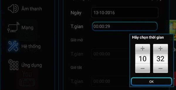 Chọn Thiết lập trên tivi → Hệ thống → Thời gian