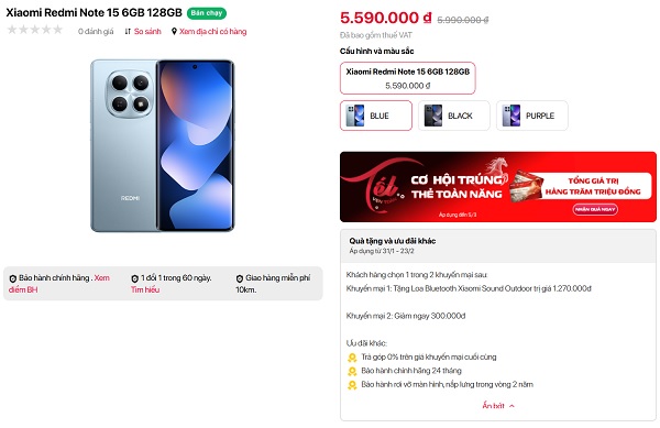 Xiaomi Redmi Note 15 đang có giá bán là 5.590.000 đồng tại Viettel Store