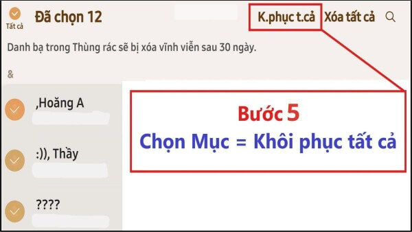 Chọn liên hệ > nhấn Khôi phục tất cả