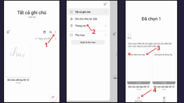 Chọn ghi chú > nhấn Khôi phục