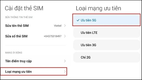 Chọn Loại mạng ưu tiên → Chọn Ưu tiên 5G