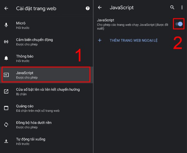 Bật mục JavaScript