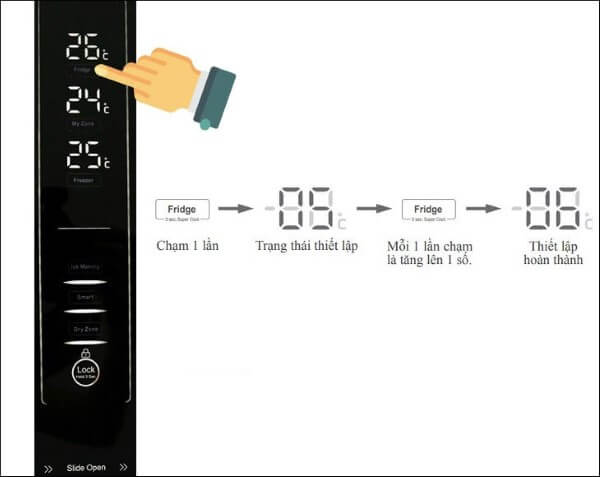 Nhấn phím Fridge để thay đổi nhiệt độ 