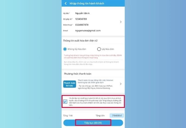 Tích vào ô xác nhận mua vé