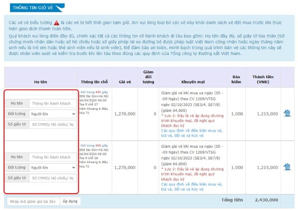 Điền đầy đủ thông tin hành khách