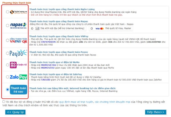 Chọn hình thức thanh toán