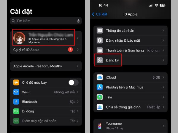 Chọn mục Subscriptions (Đăng ký)