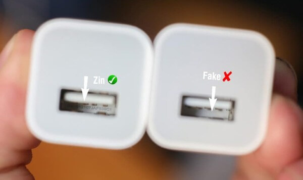 Kiểm tra và quan sát mã vạch tại phần khe cắm USB trên củ sạc hoặc dây cáp