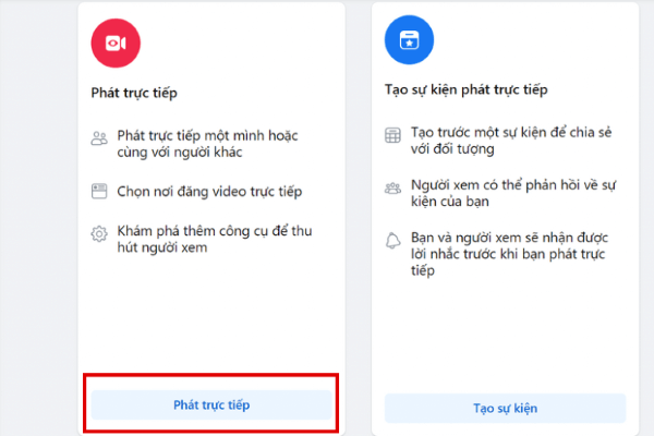 Nhấn “Video trực tiếp” > chọn “Phát trực tiếp”