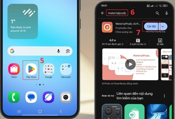 Mở ứng dụng Play Store và gõ tìm kiếm MaterialPods và nhấn Cài đặt