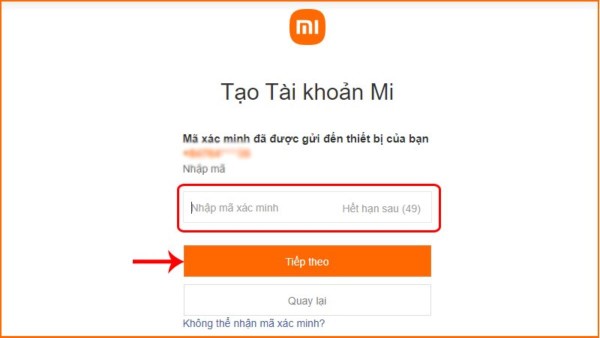 Nhập mã xác thực vào ô xác nhận và chọn “Tiếp theo”